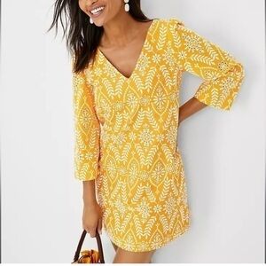 Ann Taylor Yellow and White Eyelet 3/4 Sleeve Shift Dress